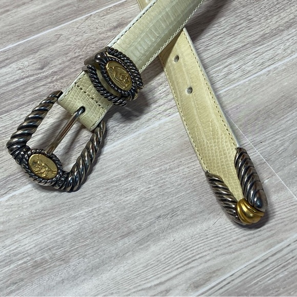 VTG BRIGHTON / Museum Collection Cream Leather Crop Embossed Belt Size M - Picture 6 of 14